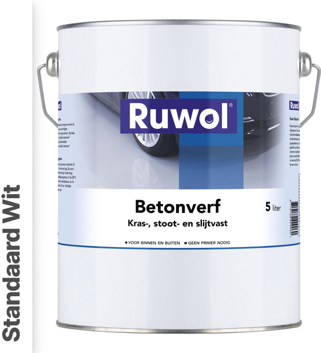 Ruwol Betonverf Standaard Wit 5 liter - Voor binnen en buiten - Alle kleuren - Kras-, stoot- en slijtvaste verf voor beton en steen - Betonverf voor buiten