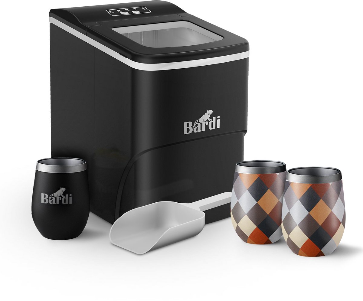 Bardi IJsblokjesmachine Set - 2 Liter Zwart - 12KG IJsblokjes in 24 uur - met IJsschep - Inclusief 3 Luxe Thermosbekers en Ijsschep - Blok