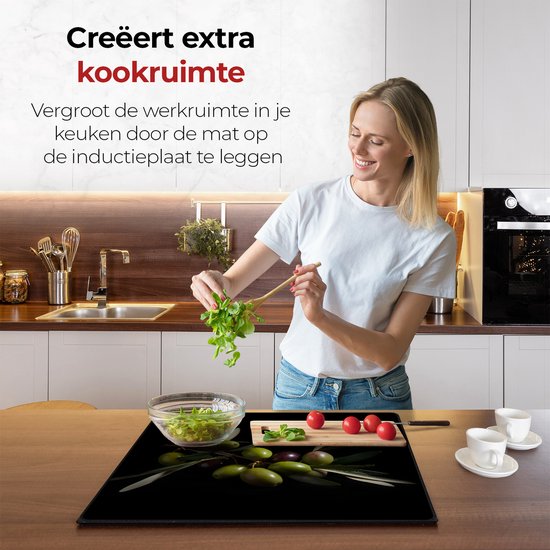 KitchyMist Inductie Beschermer 60x52 cm - Groene Olijven - Kookplaat Beschermer - Afdekplaat voor Kookplaat - Inductie Mat - Spatscherm Achterwand Keuken