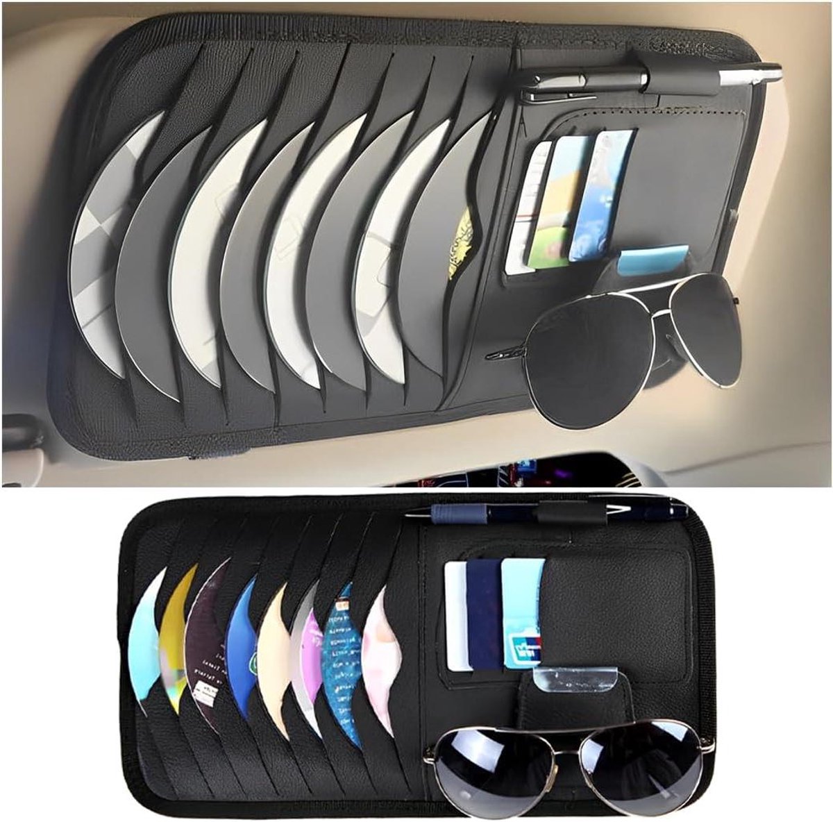 Auto Zonneklep Organizer van Leer - Opbergzak voor Autoaccessoires zoals CD's, pasjes en zonnebril - Zwart