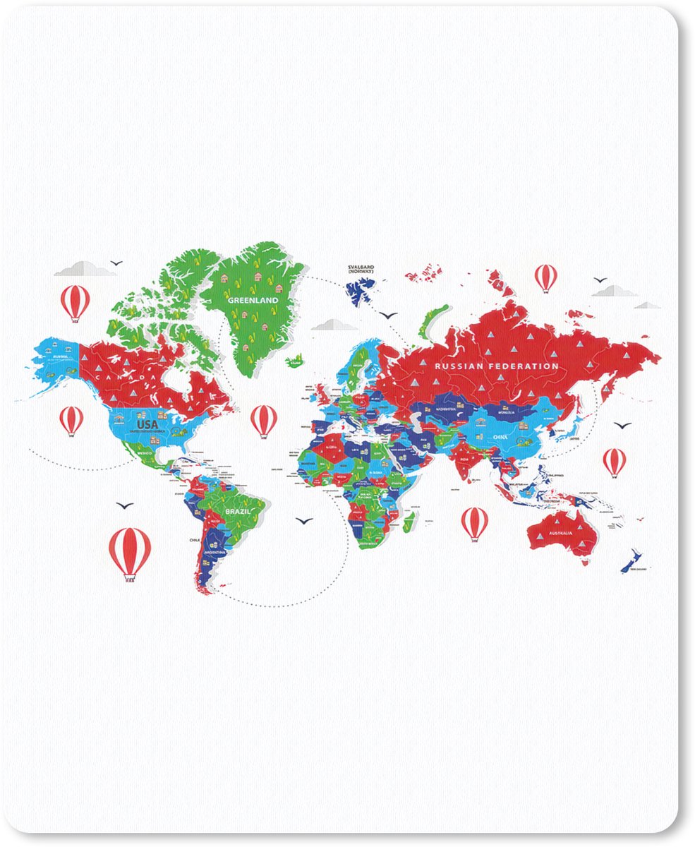 Muismat 19x23 cm - Mousepad Wereldkaart - Kleuren - Luchtballon - Muismatten