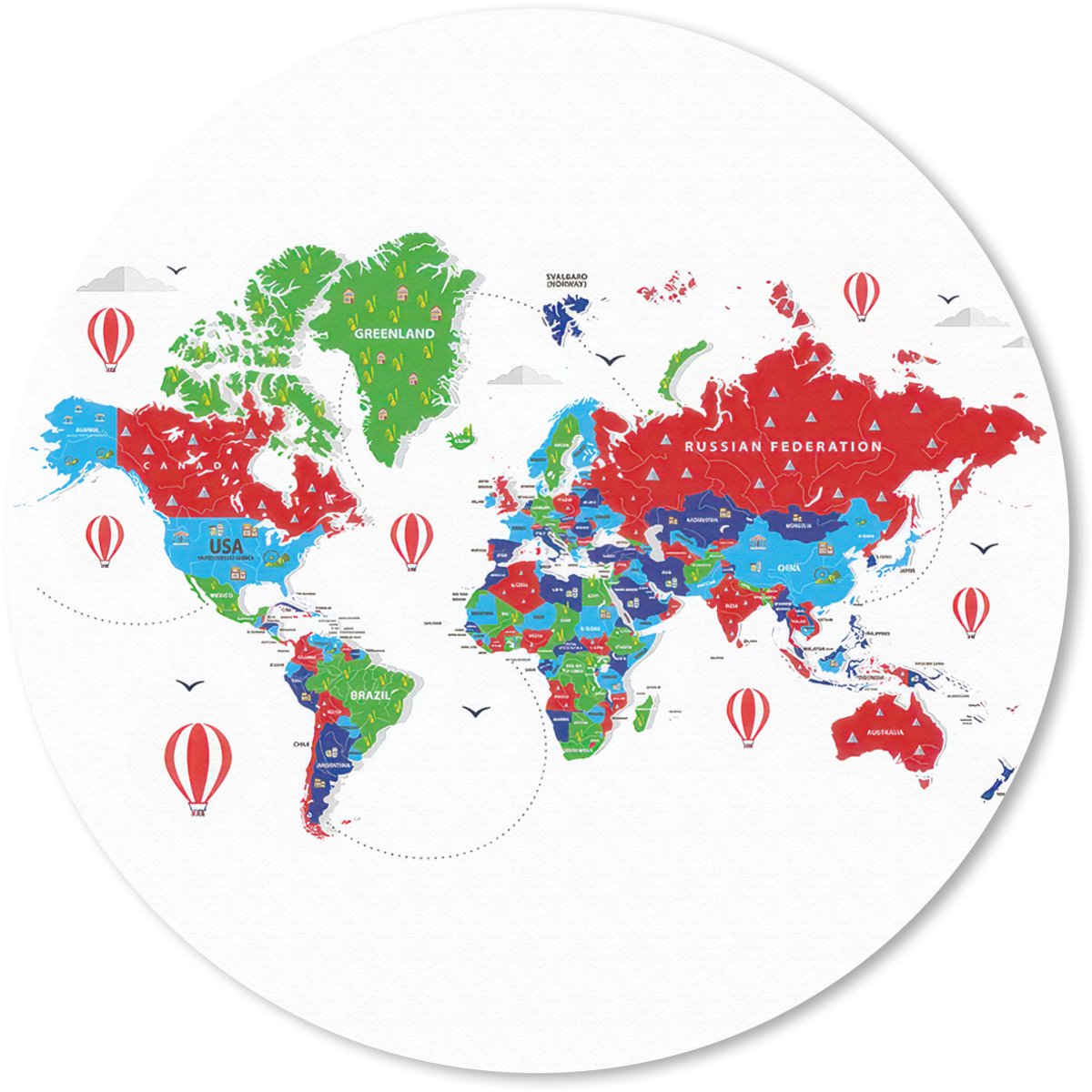 Muismat rond 50x50 cm - Mousepad Wereldkaart - Kleuren - Luchtballon - Ronde muismatten