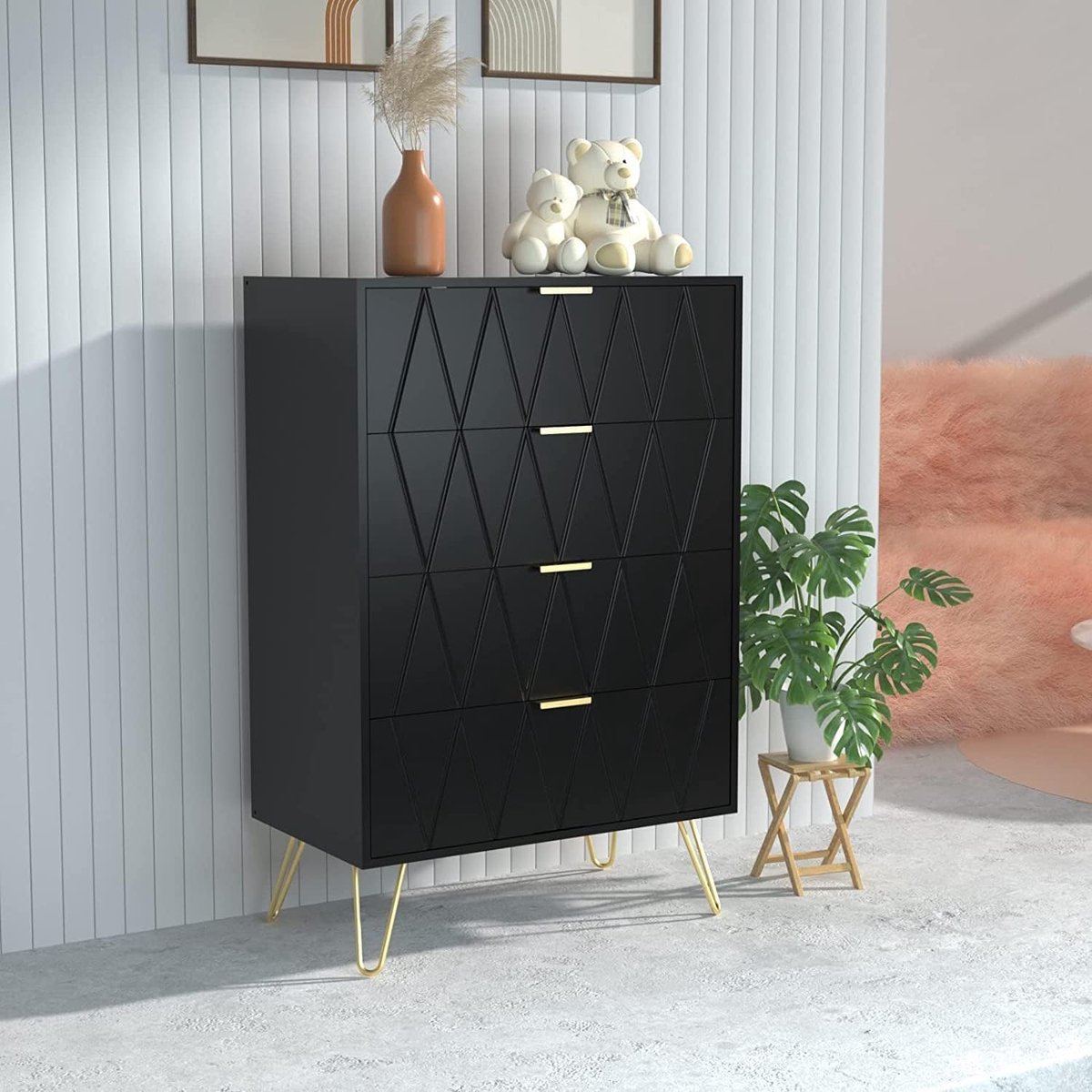 UEV 4-ladenkast, houten opbergkast, eenvoudige en elegante stijl, gouden handgreep en poten, 60 x 34 x 91 cm, dressoir voor slaapkamer, woonkamer, kantoor, Zwart