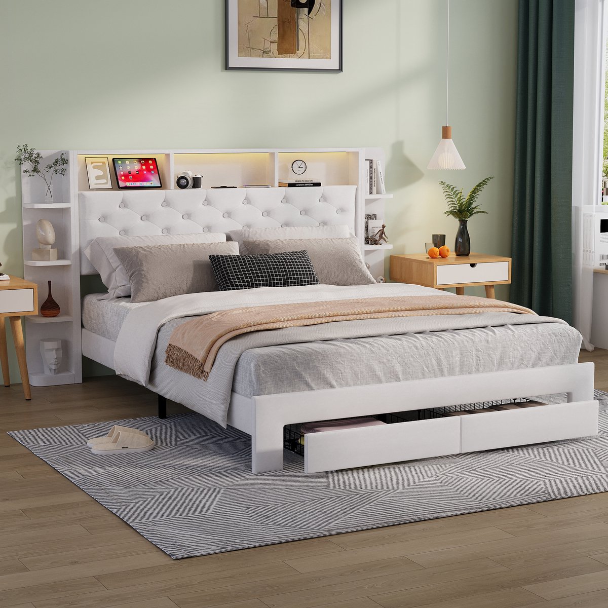 Tweepersoonsbed 160x200cm met USB, Stopcontacten, LED, 2 Lades en Lattenbodem, Massief Houten Opbergbord, Wit