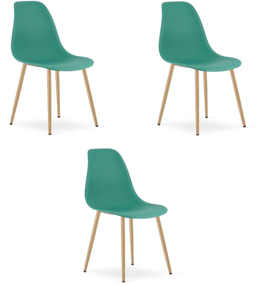 Set van 3 Stoelen WAT – Groen, Houtlook Metalen Poten, Kunststof Zitting – Modern en Ergonomisch – Geschikt voor Eetkamer, Woonkamer, Keuken, Thuiswerkplek, Kantine en Wachtruimte – Eenvoudige Montage