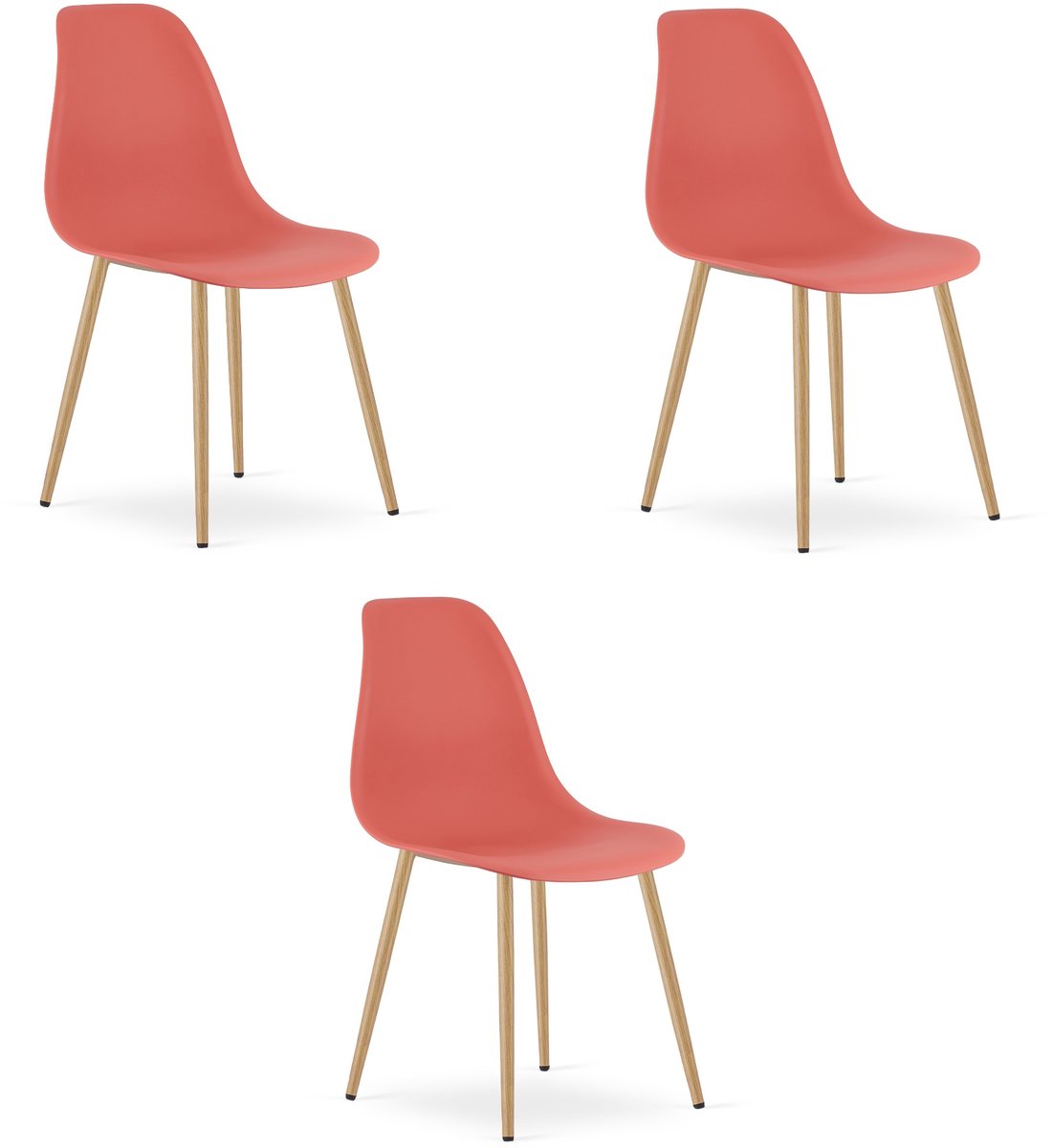 Set van 3 Stoelen WAT – Koraalrood, Houtlook Metalen Poten, Kunststof Zitting – Modern en Ergonomisch – Geschikt voor Eetkamer, Woonkamer, Keuken, Thuiswerkplek, Kantine en Wachtruimte – Eenvoudige Montage