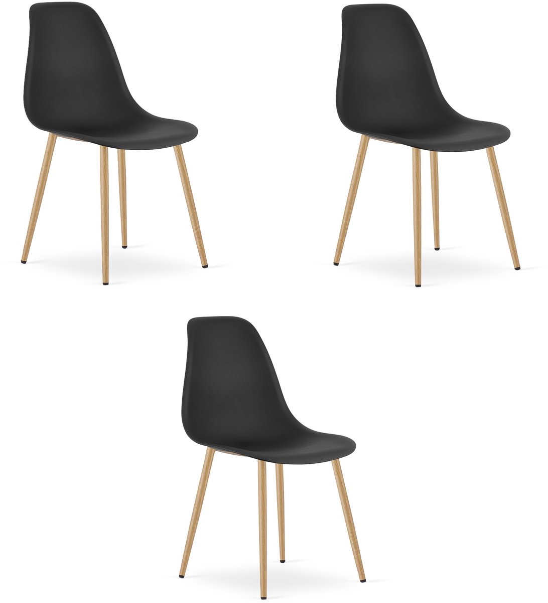 Set van 3 Stoelen WAT – Zwart, Houtlook Metalen Poten, Kunststof Zitting – Modern en Ergonomisch – Geschikt voor Eetkamer, Woonkamer, Keuken, Thuiswerkplek, Kantine en Wachtruimte – Eenvoudige Montage