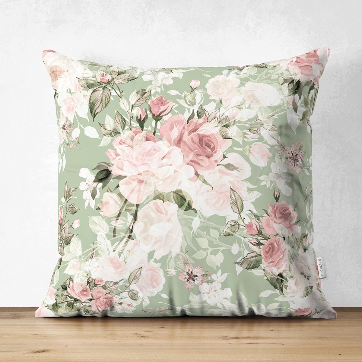De Groen Home BLOEM Sierkussen Velvet - 45x45 - Pastel bloemen - Inclusief binnenkussen - Aan beide zijdig bedrukt Lichtgroen