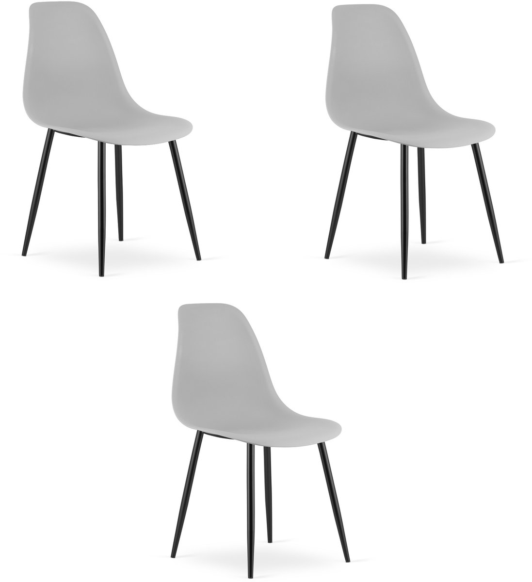 Set van 3 Stoelen WAT – Grijs, Zwarte Metalen Poten, Kunststof Zitting – Modern en Ergonomisch – Geschikt voor Eetkamer, Woonkamer, Keuken, Thuiswerkplek, Kantine en Wachtruimte – Eenvoudige Montage