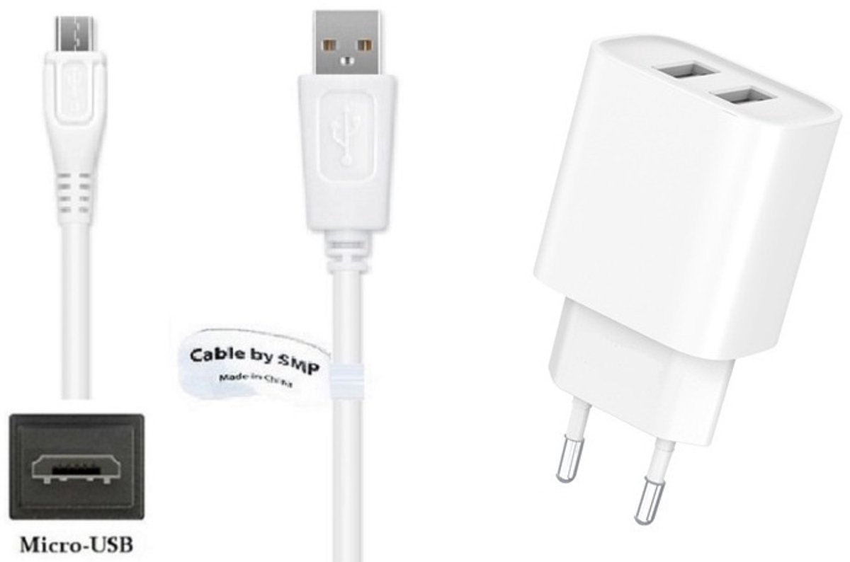 OneOne 2.4A lader met 2 poorten + 0,90m standaard Micro USB kabel. Oplader adapter past op Pocketbook eReader Basic Lux / Lux 2 / Lux 3 / Lux 4, Basic 2 / 3 / 4, Color 1, InkPad 3 / 3 Pro, Touch Lux 2 / Lux 3 / Lux 4 / Lux 5