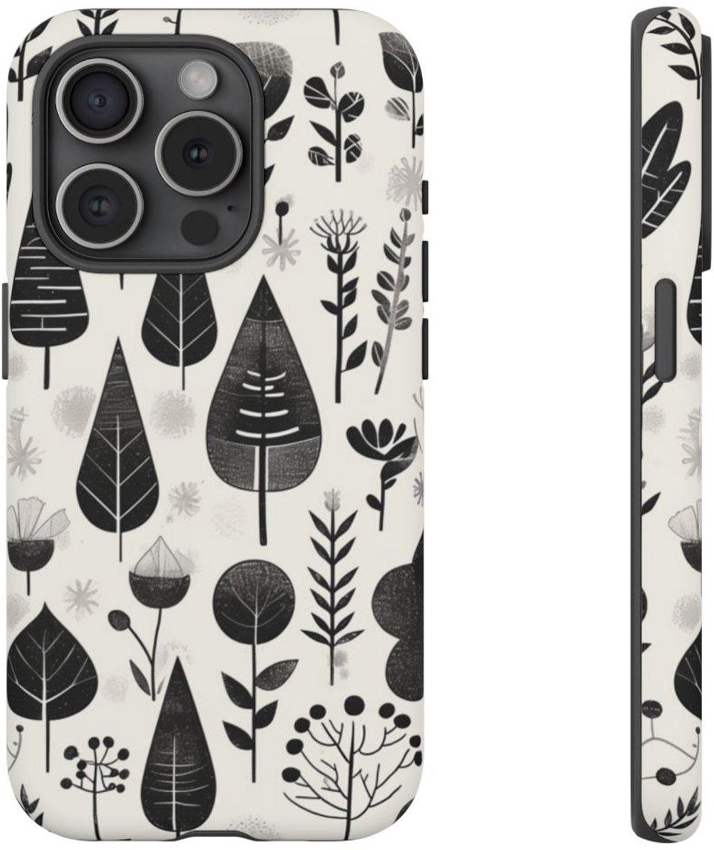 Monochroom Botanisch Patroon – Telefoonhoesje Geschikt voor iPhone 15 Pro