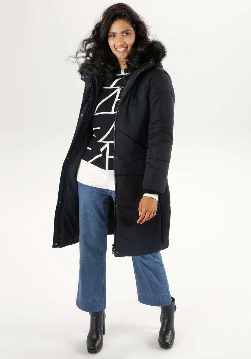 Aniston | Puffer jas | Afneembaar imitatiebont | Zwart| 36