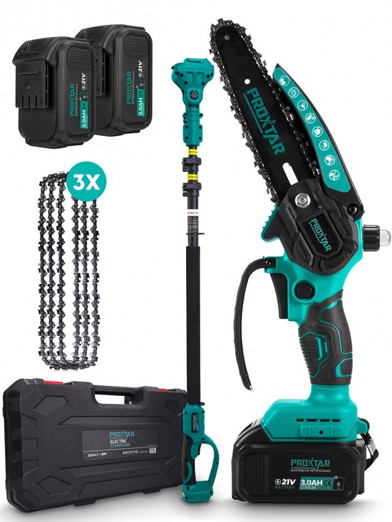 Mini tronçonneuse ProXtar avec rallonge de 6 pouces - Tronçonneuse - Scie d'élagage - Scie à branches - Scie à main - Comprend un étui de rangement, 2 Batteries et 3 Colliers - Lubrification automatique de la chaîne - Sans balais