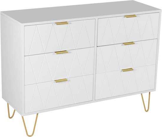 FEEOHOME Witte commode met 6 laden, groot opbergmeubel, witte commode, ladekast met metalen standaard voor woonkamer, kinderkamer en slaapkamer, 100 x 34 x 72 cm (wit, 6 FEEOHOME Witte commode met 6 laden, groot opbergmeubel, witte commode, ladekast met metalen standaard voor woonkamer, kinderkamer en slaapkamer, 100 x 34 x 72 cm (wit, 6