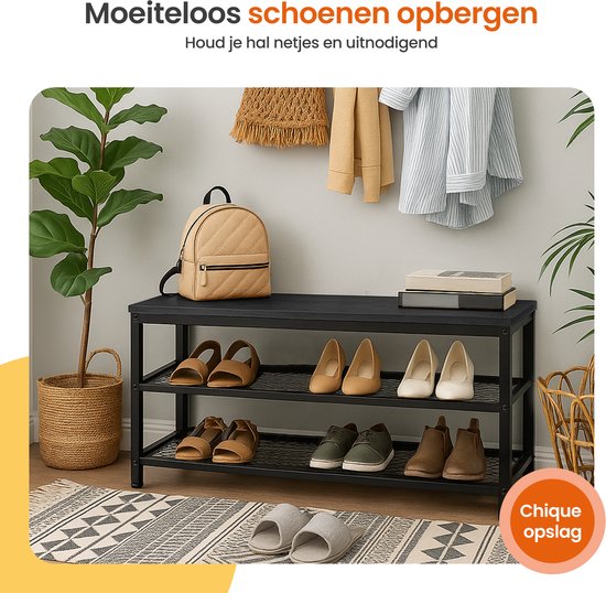 Zwarte schoenenkast met 3 etages, met schoenen, een tas en decoratie. Tekst: Moeiteloos schoenen opbergen. Houd je hal netjes en uitnodigend. Chique opslag.