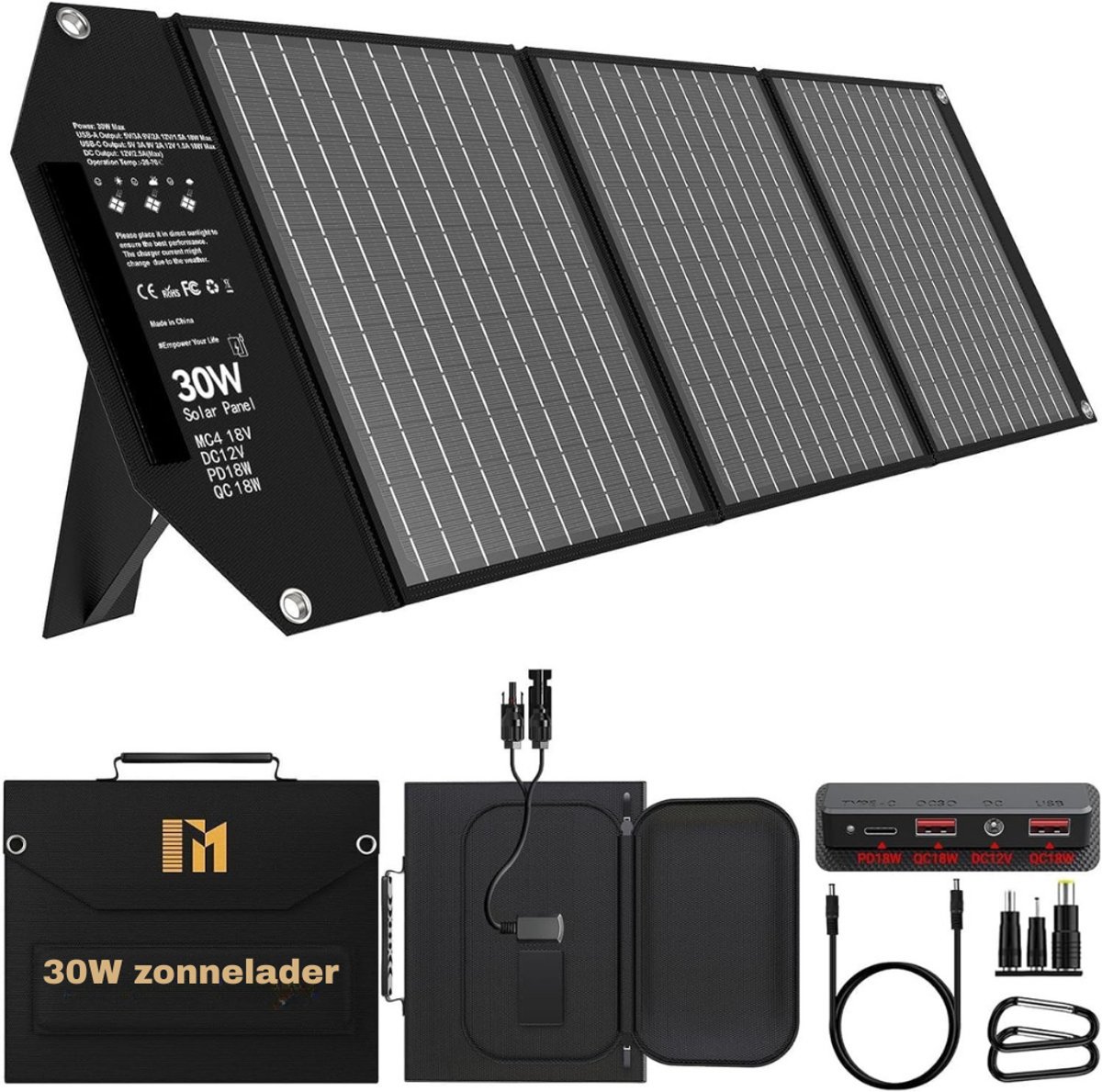 MMM® Zonnepaneel Opvouwbaar - Zonnepaneel - Zonnepanelen Compleet Pakket - Zonnelader, USB-Zonnepaneel met Standaards - 5 poorten