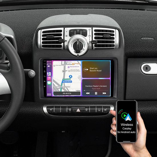 Autoradio-9-inch autoradio met GPS-navigatie 2+32G voor Smart 2005-2010, ingebouwde draadloze verbinding voor CarPlay, Android Auto, Bluetooth, wifi, FM/RDS, SWC + AHD, achteruitrijcamera
