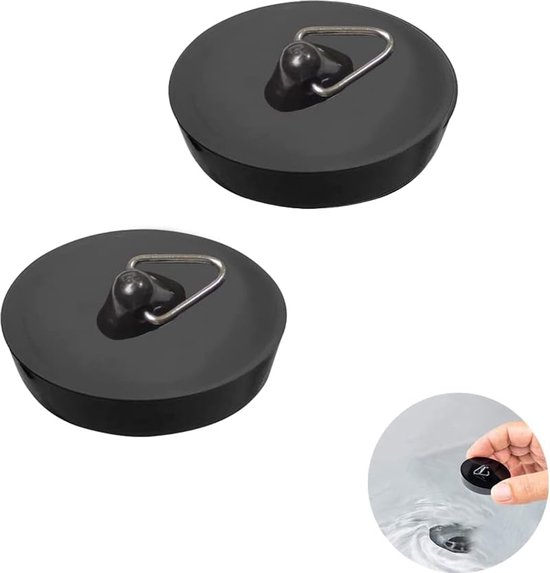 Universele Badstop 2 Stuks - Gootsteendop - Afvoerstop - Spoelbakplug - Plugstop - Gootsteen Stop Universeel - Rubberen Spoelbakplug met Ophangring - voor Afvoer Ø 44 tot 42 mm - Universele Pluggen - Voor Badkuip, Keuken, Badkamer - Zwart