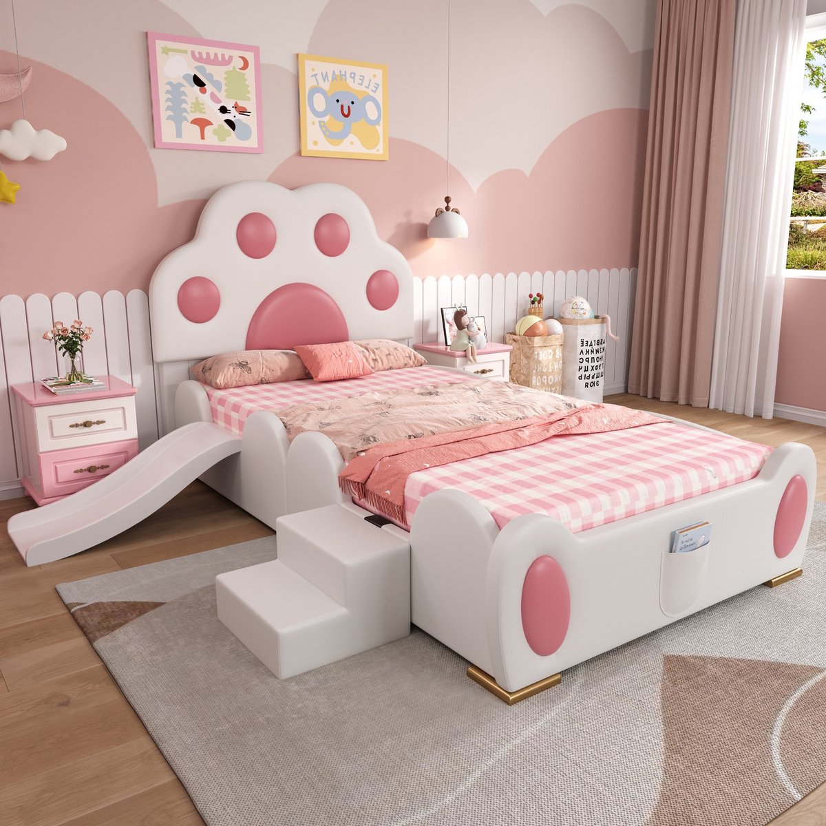 Sweiko Kinderbed - 90x200 cm - Kattenpootvorm - Met glijbaan - PU - Wit + Roze