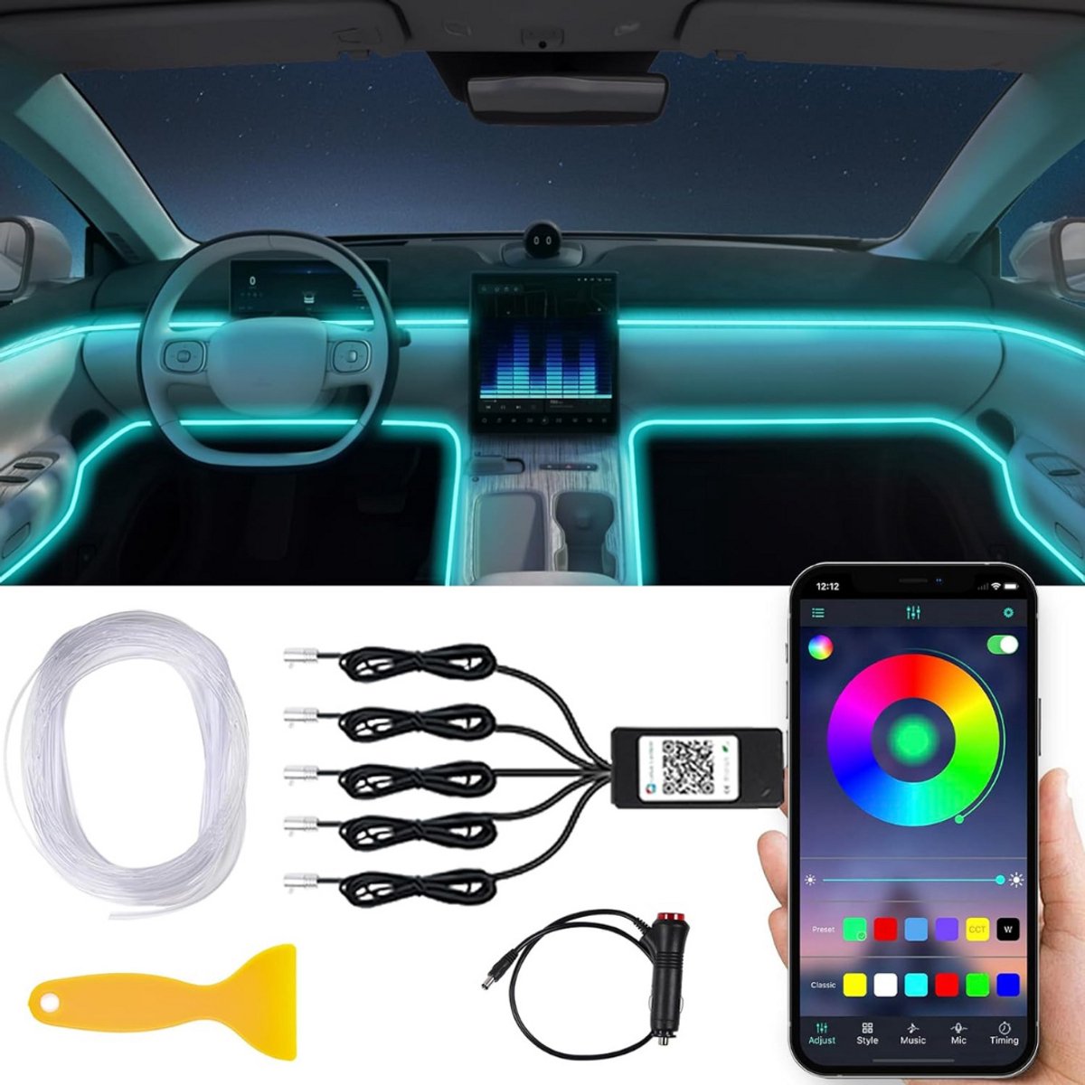 Auto Interieur Verlichting - Led Strip Auto – 6M – Met App - Veelkleurig