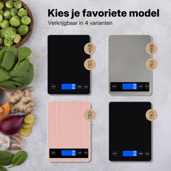Quatre balances de cuisine numériques : deux noires, une argentée et une couleur cuivre.