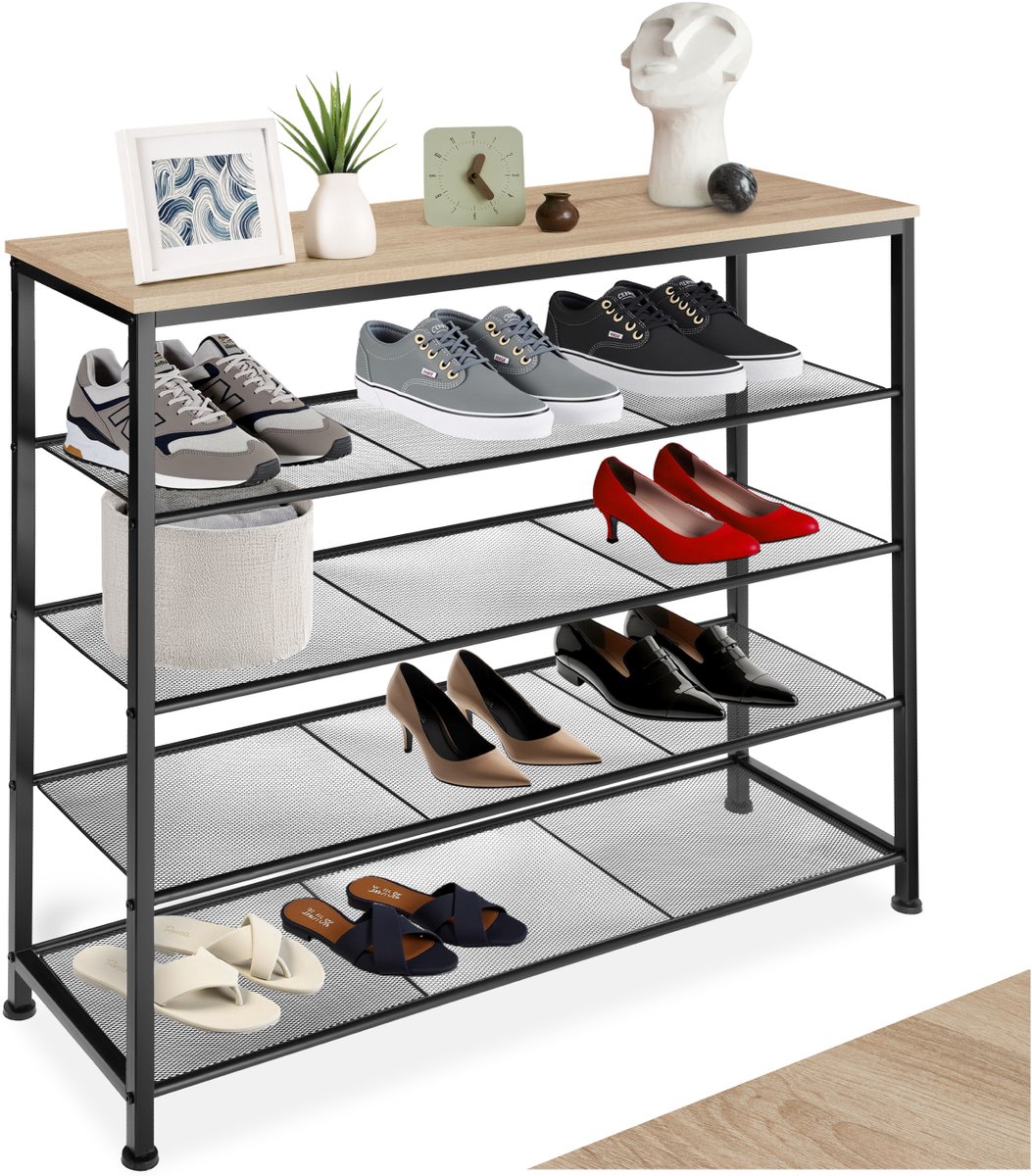 tectake® Smalle Schoenenkast met Opbergruimte – Hout & Metaal, Industriële Stijl, 5 Niveaus, 4 Roosterplanken, 100x30,5x93 cm – Licht Sonoma Eiken