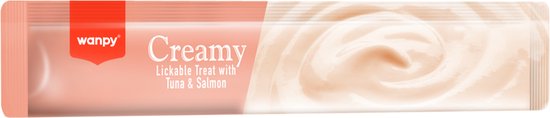 Wanpy Creamy treat met Tonijn & Zalm. Perzikkleurige verpakking met rode band. Romige textuur zichtbaar.