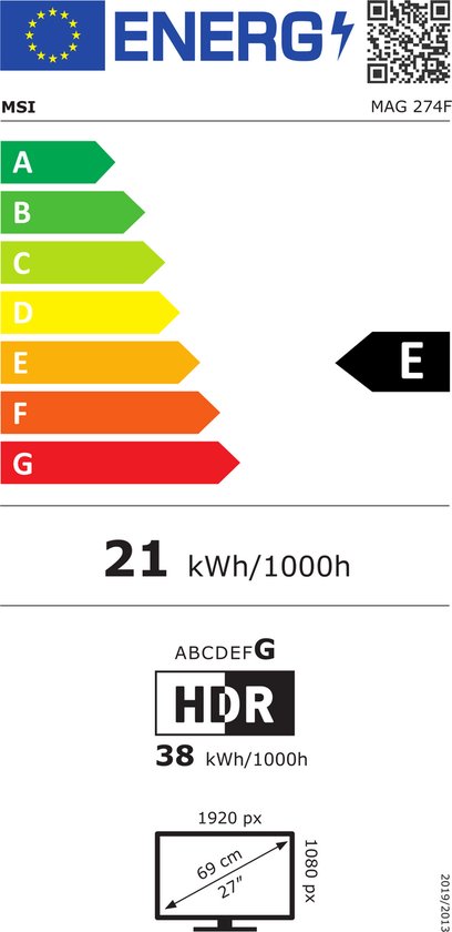 Energie-etiket met schaal A-G, vermelding 'MSI MAG 274F', 'E', '21 kWh/1000h' en '38 kWh/1000h'.