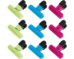 Voedselclips – 9 stuks kleurrijke zakclips, hersluitbare klemmen voor snacks, brood, chips, koffie en voedselopslag – 3 kleuren, 78 mm