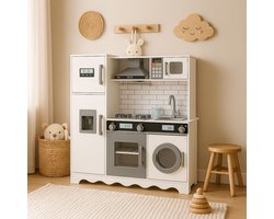 Maxx kidz - Houten Speelgoed Keuken - Complete Speelkeuken - Wit Keukentje met Grijze Afwerking - Stevige Kinderkeuken met Accessoires - Speelgoedkeuken met Geluid