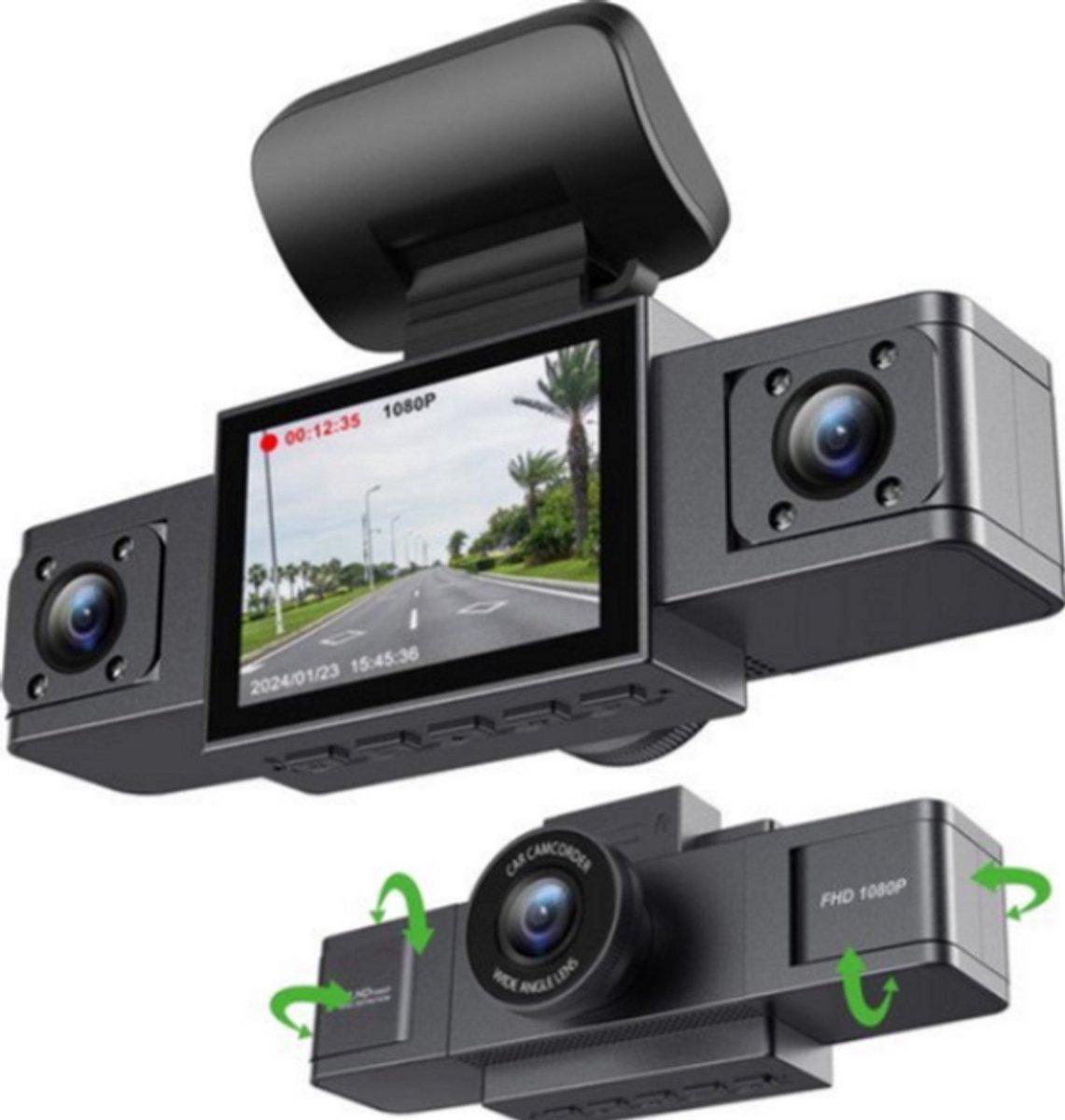 Geavanceerde 3-Lens Dashcam voor Auto | 24U Parkeermonitor, Achteruitrijfunctie & 64GB SD Kaart | Ultieme Beveiliging met Videorecorder - Zwart