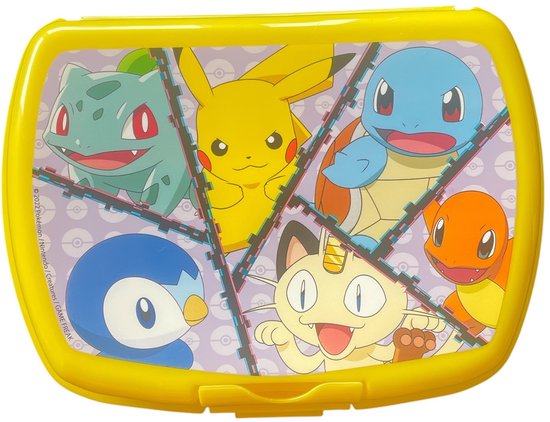 Boîte à tartines jaune avec des images de Pikachu, Squirtle, Charmander, Bulbasaur, Piplup et Meowth.