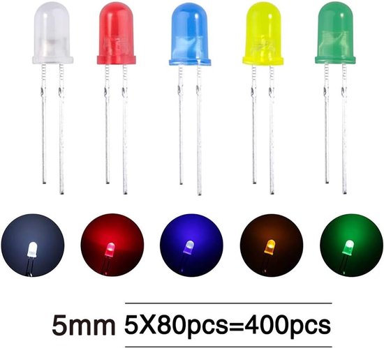400 Stuks 5mm LED Diodekit - 2-Pins Lichtgevende Diodes - Geassorteerde Kleuren Diodes Weerstanden Kit - LED Lamp met Ronde Kop - Wit/Groen/Rood/Blauw/Geel van Edisoniteit — afbeelding 3