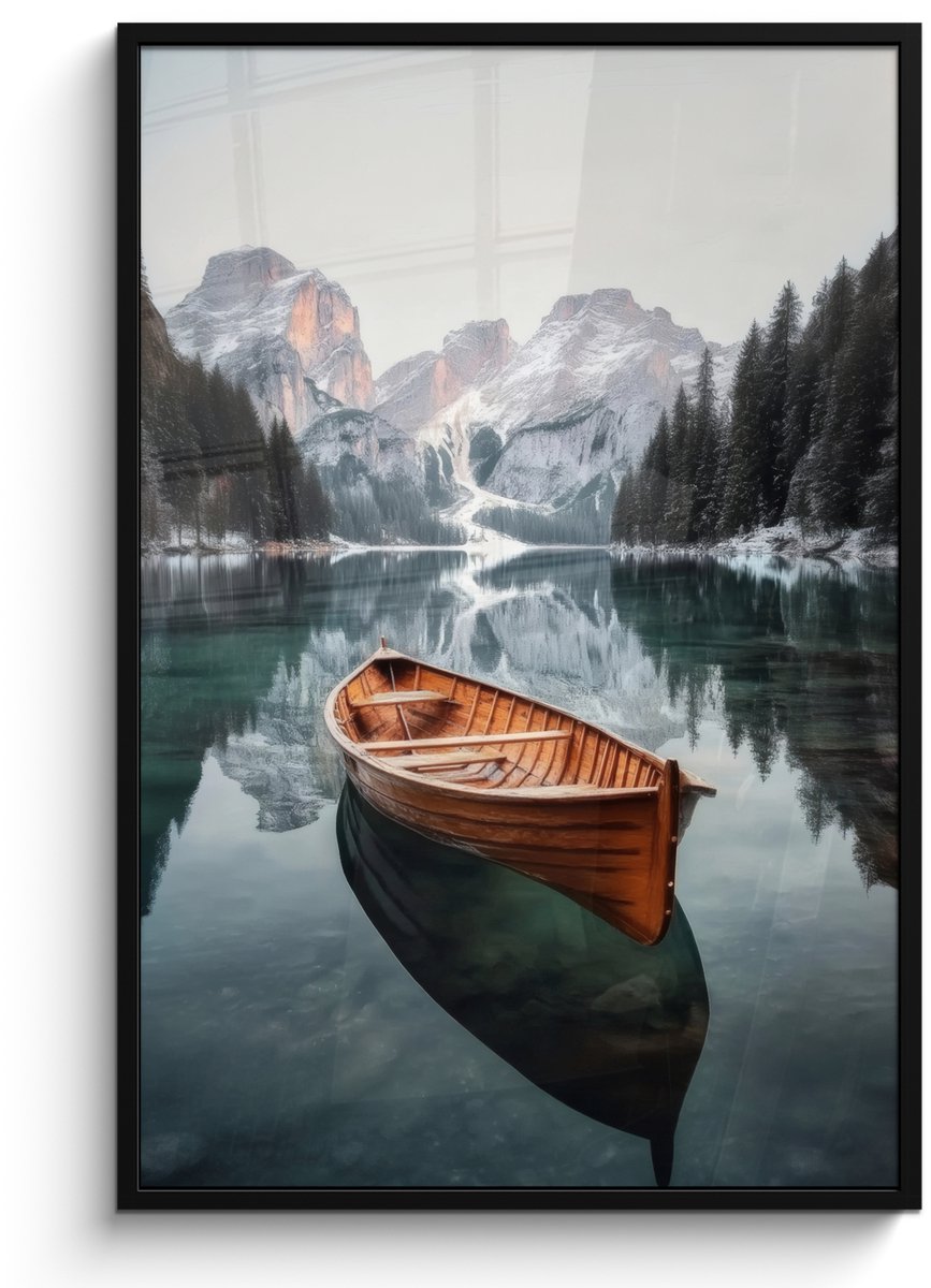 FrameYourWall Poster in lijst - Fotolijst 80x120 cm - Posters - Boot - Bergen - Natuur - Water - Posterlijst zwart - Decoratie - Wanddecoratie woonkamer - Muurdecoratie slaapkamer