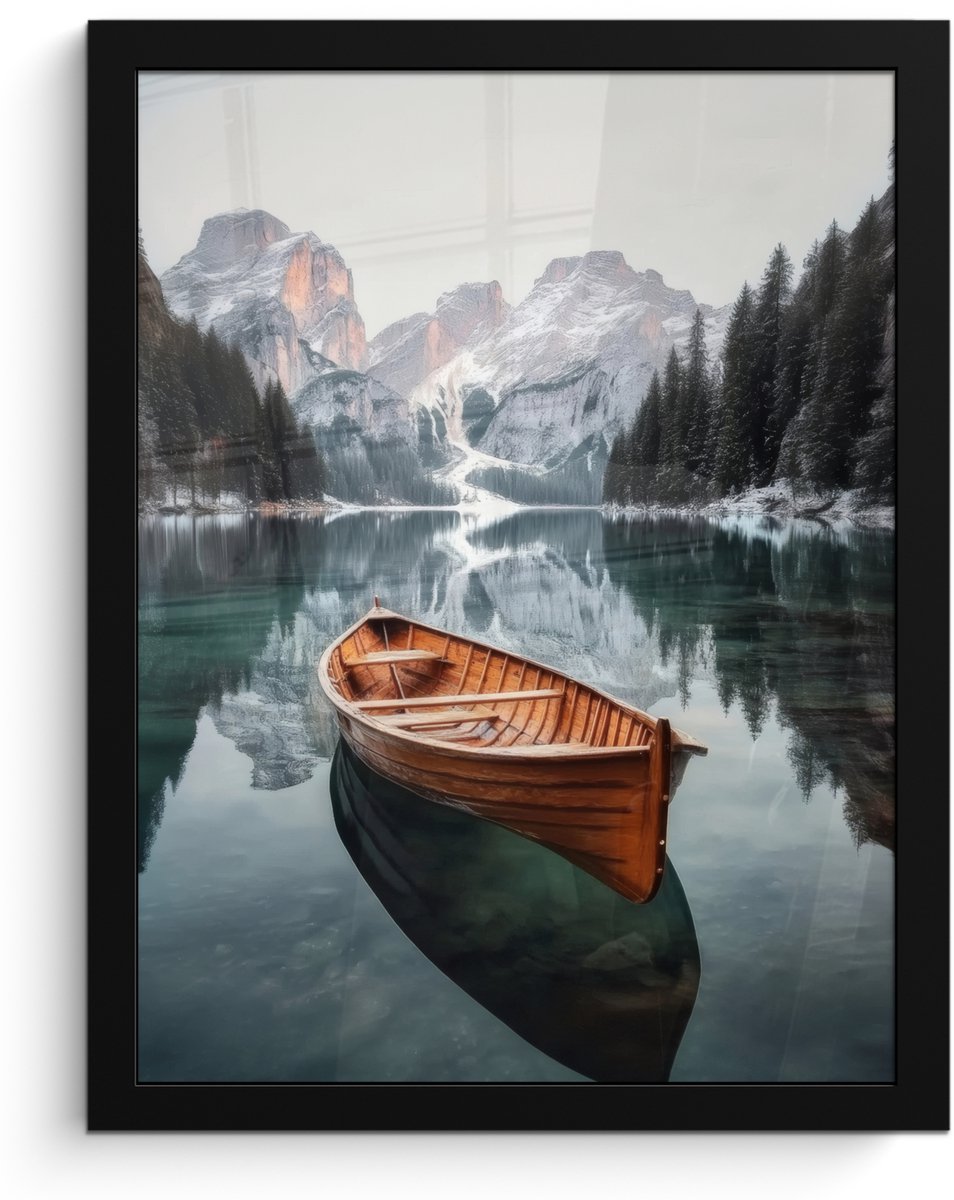 FrameYourWall Poster in lijst - Fotolijst 30x40 cm - Posters - Boot - Bergen - Natuur - Water - Posterlijst zwart - Decoratie - Wanddecoratie woonkamer - Muurdecoratie slaapkamer