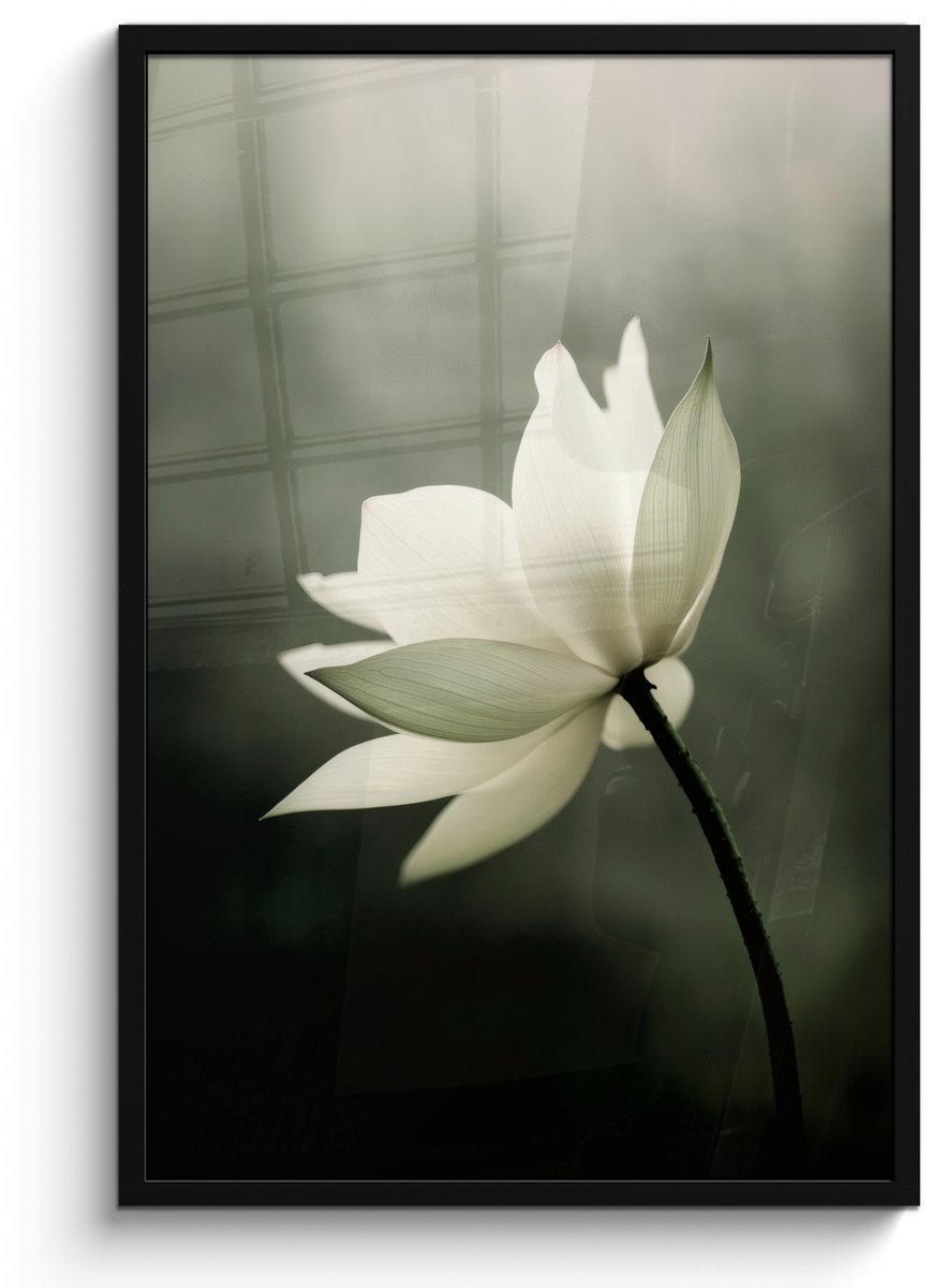 FrameYourWall Poster in lijst - Fotolijst 60x90 cm - Posters - Wit - Lotus - Donker - Bloem - Posterlijst zwart - Decoratie - Wanddecoratie woonkamer - Muurdecoratie slaapkamer Lotus - Bloem