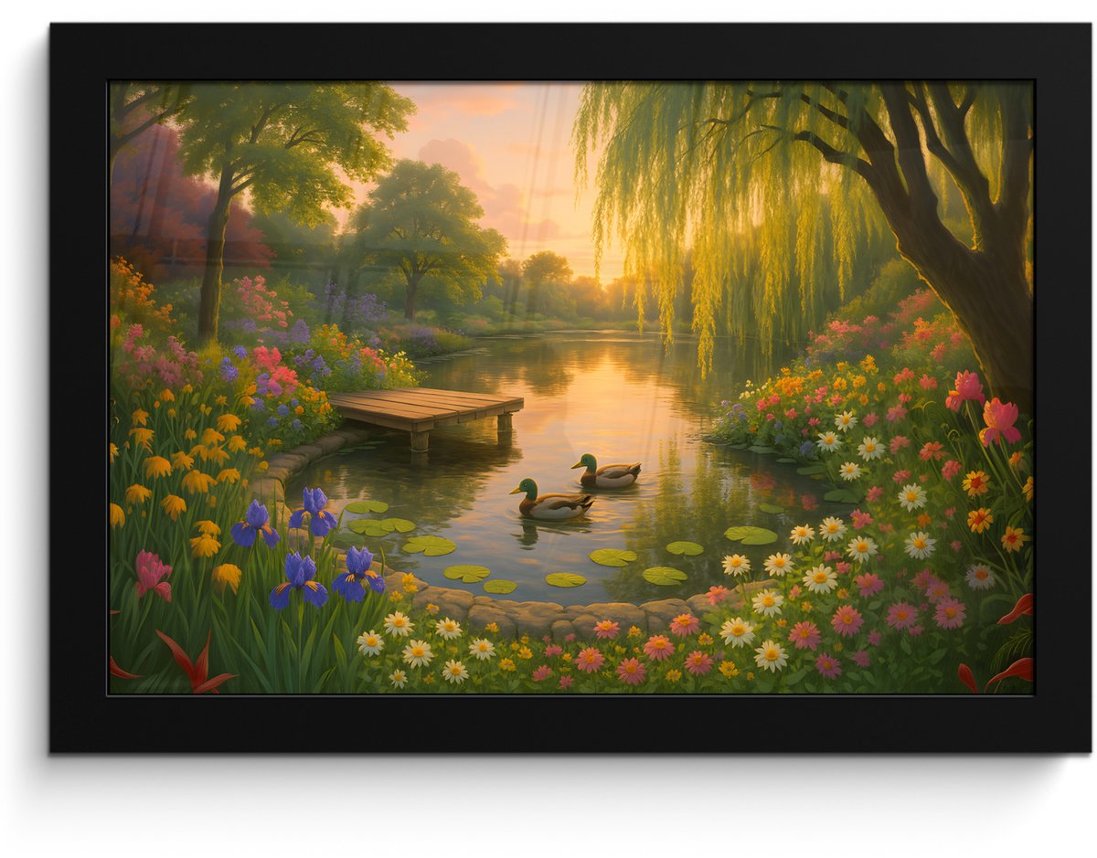 FrameYourWall Poster in lijst - Fotolijst 30x20 cm - Posters - Eenden - Vijver - Bloemen - Posterlijst zwart - Decoratie - Wanddecoratie woonkamer - Muurdecoratie slaapkamer
