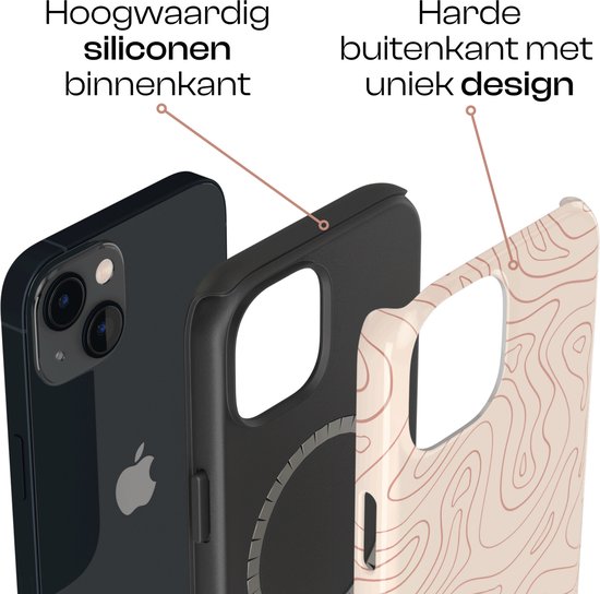 VivaLora Coque de téléphone robuste iPhone 13 Mini avec MagSafe - Impression de lignes ondulées - Coque de téléphone 2 en 1 - Coque rigide et coque arrière en Siliconen - Protection Extra - Coque antichoc - Écru/Rouge