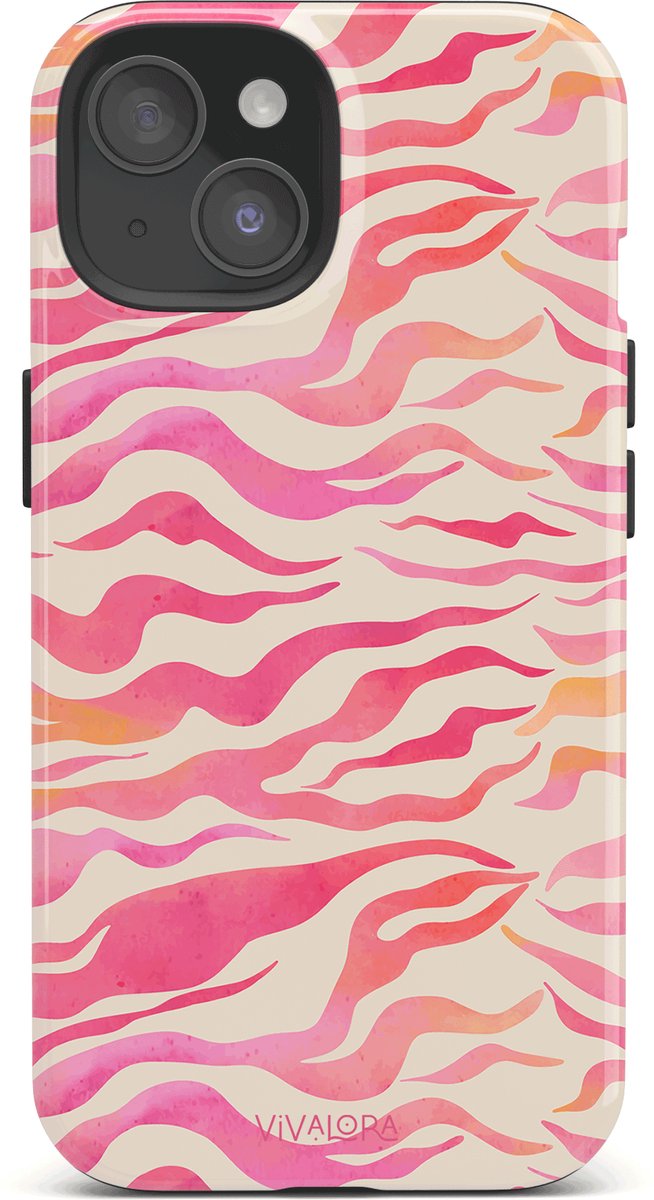 VivaLora Tough Telefoonhoesje iPhone 15 met MagSafe - Zebra Splash Print - 2-in-1 Phone Case - Hard Case & Siliconen Backcover - Extra Bescherming - Shockproof Cover - Roze Zebraprint