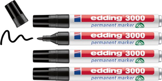 edding 3000 permanent marker - zwart - 4 stiften - ronde punt 1,5-3 mm - water en wrijfvast - voor karton, kunststof, hout, metaal, etc. - alcohol markers voor volwassenen