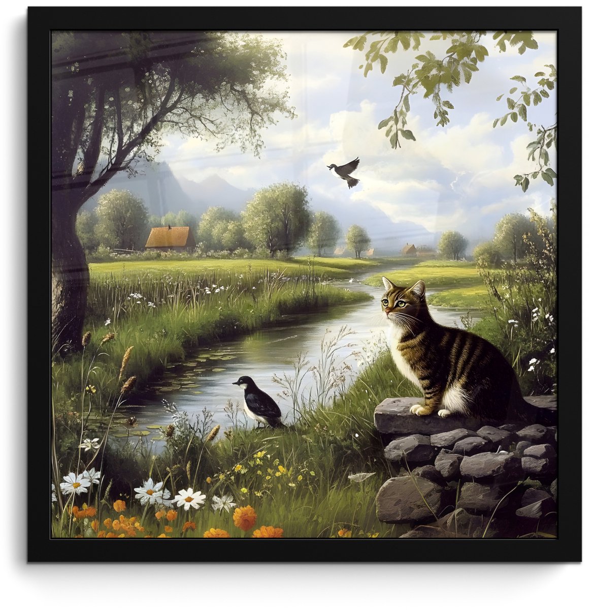 FrameYourWall Poster in lijst - Fotolijst 40x40 cm - Posters - Kat - Beekje - Weide - Posterlijst zwart - Decoratie - Wanddecoratie woonkamer - Muurdecoratie slaapkamer Kat - Natuur