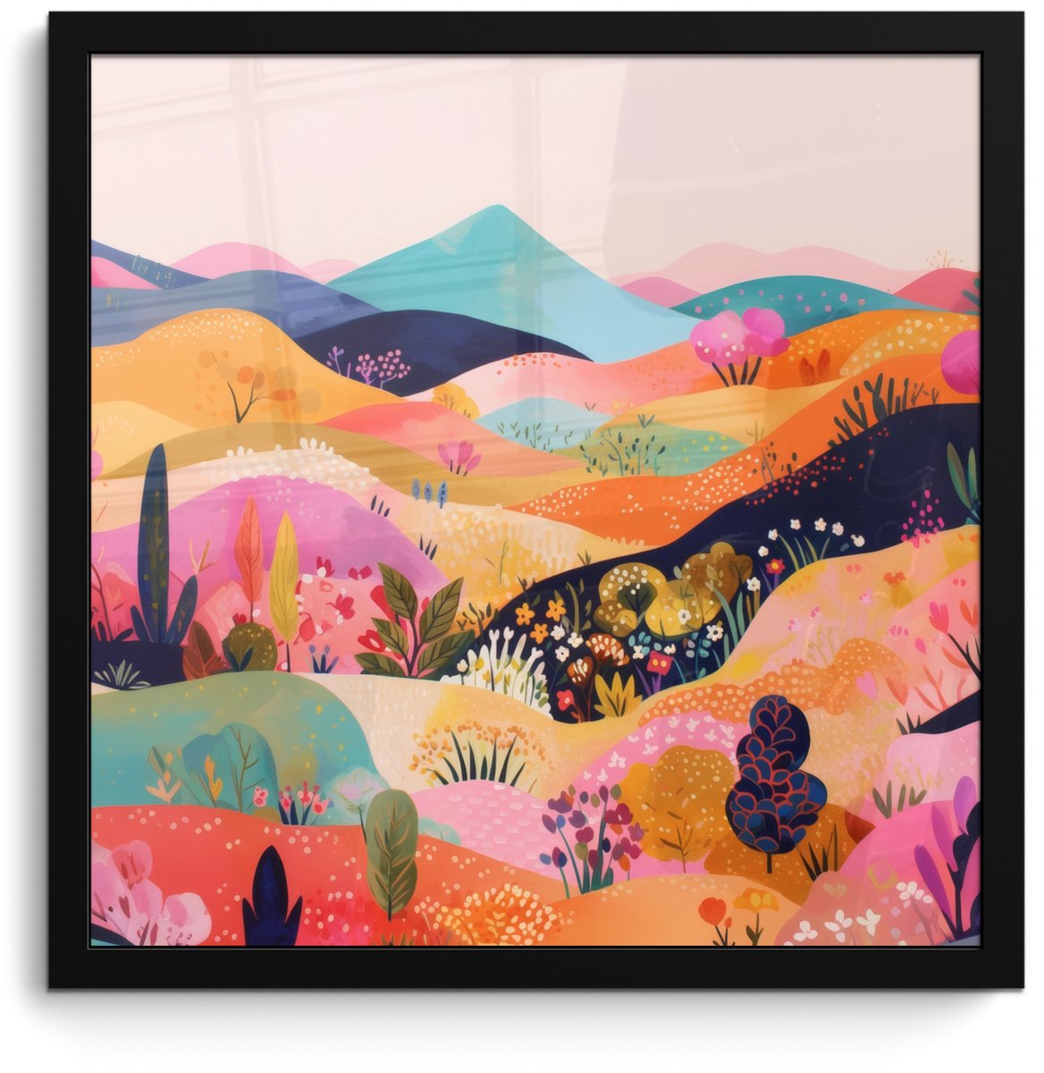 FrameYourWall Poster in lijst - Fotolijst 40x40 cm - Posters - Golvende heuvels - Abstracte planten - Dromerig - Posterlijst zwart - Decoratie - Wanddecoratie woonkamer - Muurdecoratie slaapkamer Heuvels - Kleurrijk