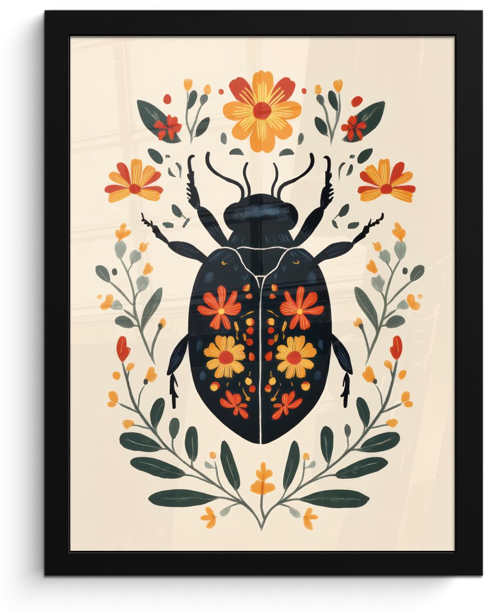 FrameYourWall Poster in lijst - Fotolijst 30x40 cm - Posters - Bloemen - Oranje - Planten - Sierlijk - Posterlijst zwart - Decoratie - Wanddecoratie woonkamer - Muurdecoratie slaapkamer Kever - Bloemen - Planten