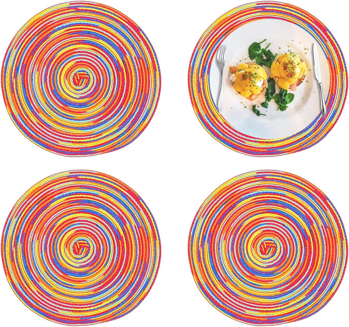 Image of 4 Pieces Round Cotton Placemats - Heat Resistant Woven Table Mats - Non-Slip Washable Placemats voor Decoratieve Tafelgebruik - Anti-scratch en Duurzaam (Rood)