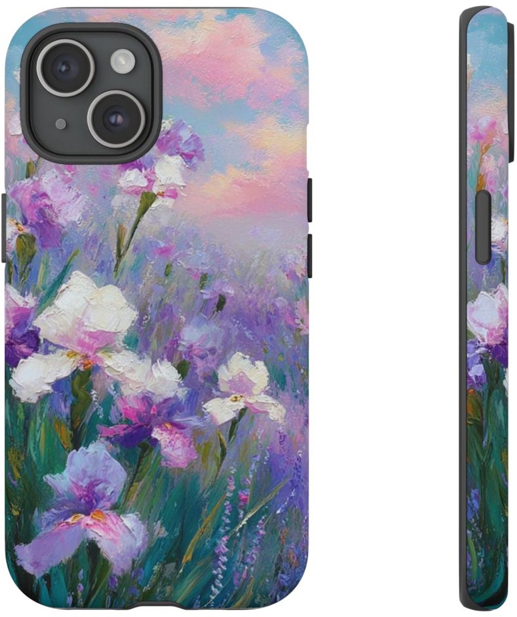 Pastelkleurige Irisbloemen Schildering – Telefoonhoesje Geschikt voor iPhone 15