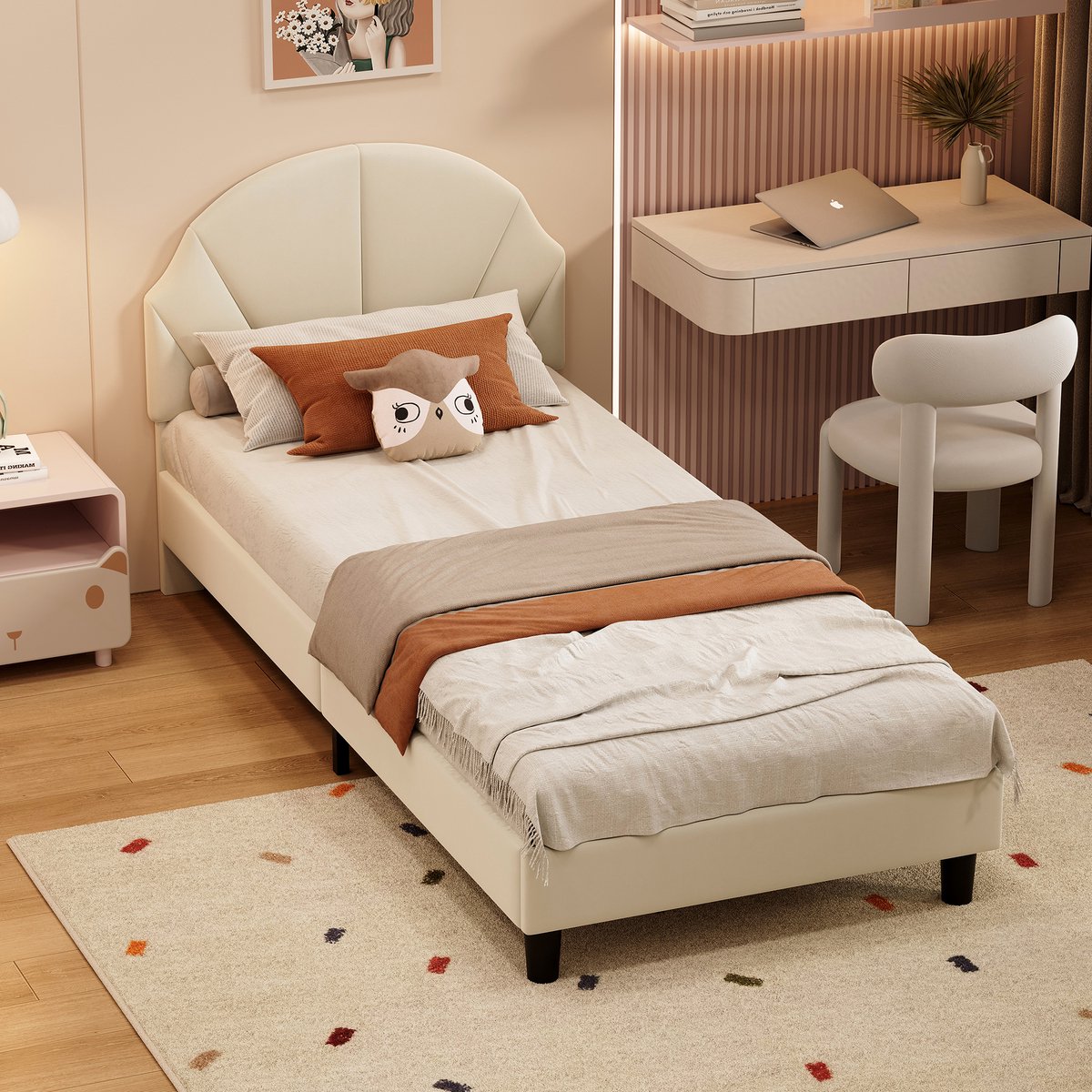 Kinderbed 90x200 cm, tienerbed met lattenbodem, eenpersoonsbed, klassiek bed, kinderbed massief hout, fluweel, beige