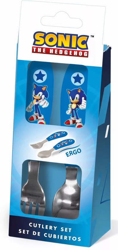 Set Couverts Enfants Sonic 2 Pièces - Cuillère Et Fourchette Acier Inoxydable Non Toxique