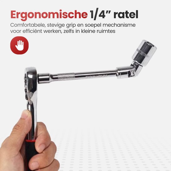 Hand met rode en grijze grip houdt een 1/4" ratel vast met een gebogen verlengstuk.