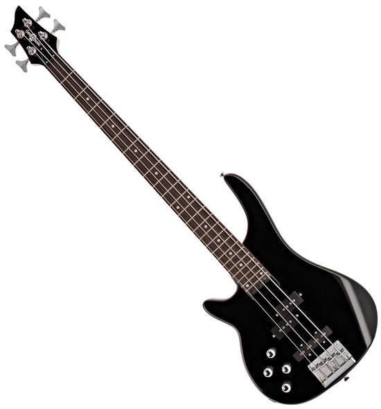 Zwarte linkshandige basgitaar, glanzende body, donker toets.