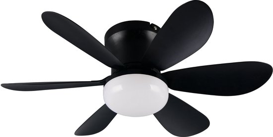 Zwarte plafondventilator met 5 bladen en witte, ronde LED-lamp.